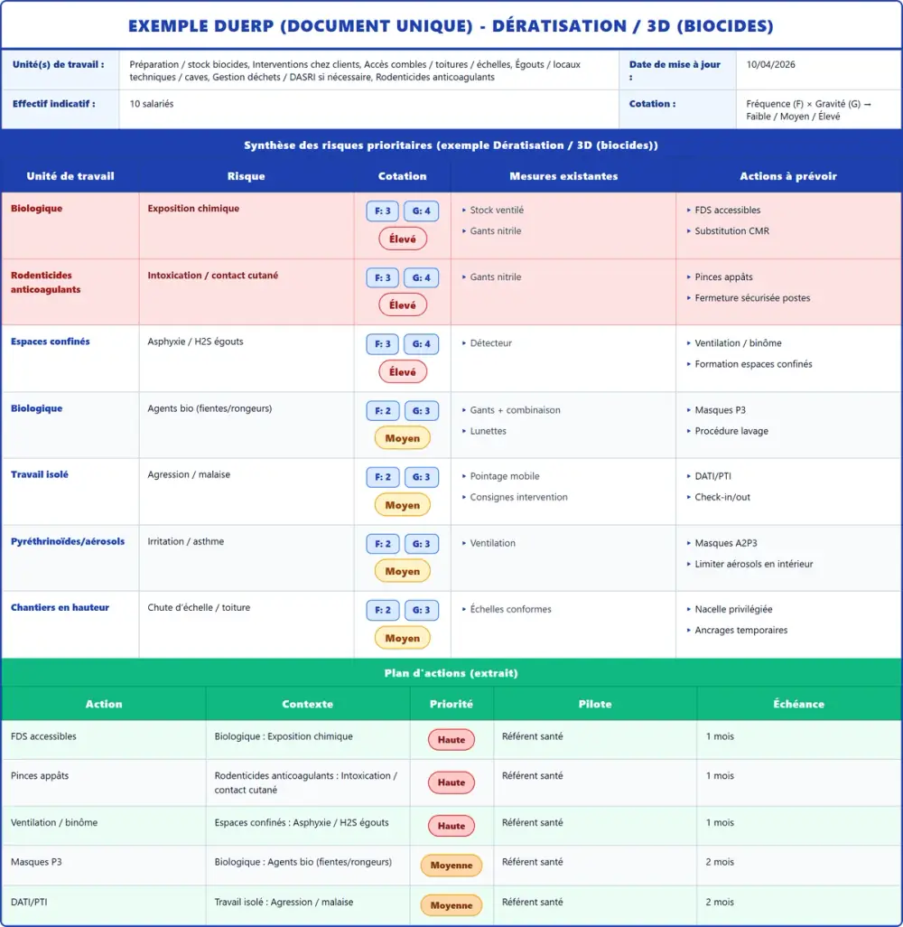 Exemple DUERP Dératisation / 3D (biocides) 2026 rempli : tableau des risques, plan d'actions et pr&eacute;vention (mod&egrave;le PDF gratuit)