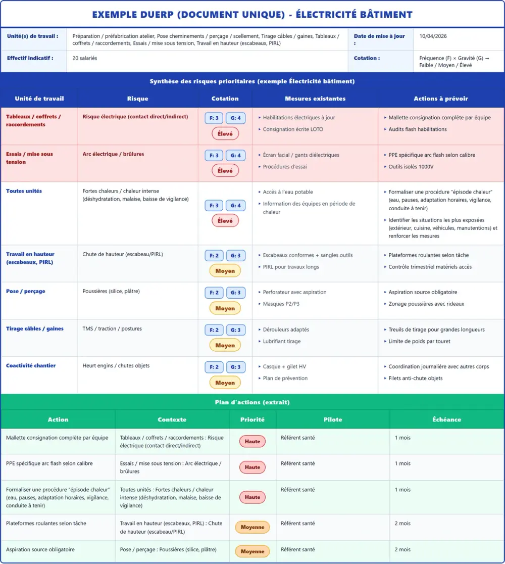 Exemple DUERP Électricité bâtiment 2026 rempli : tableau des risques, plan d'actions et pr&eacute;vention (mod&egrave;le PDF gratuit)