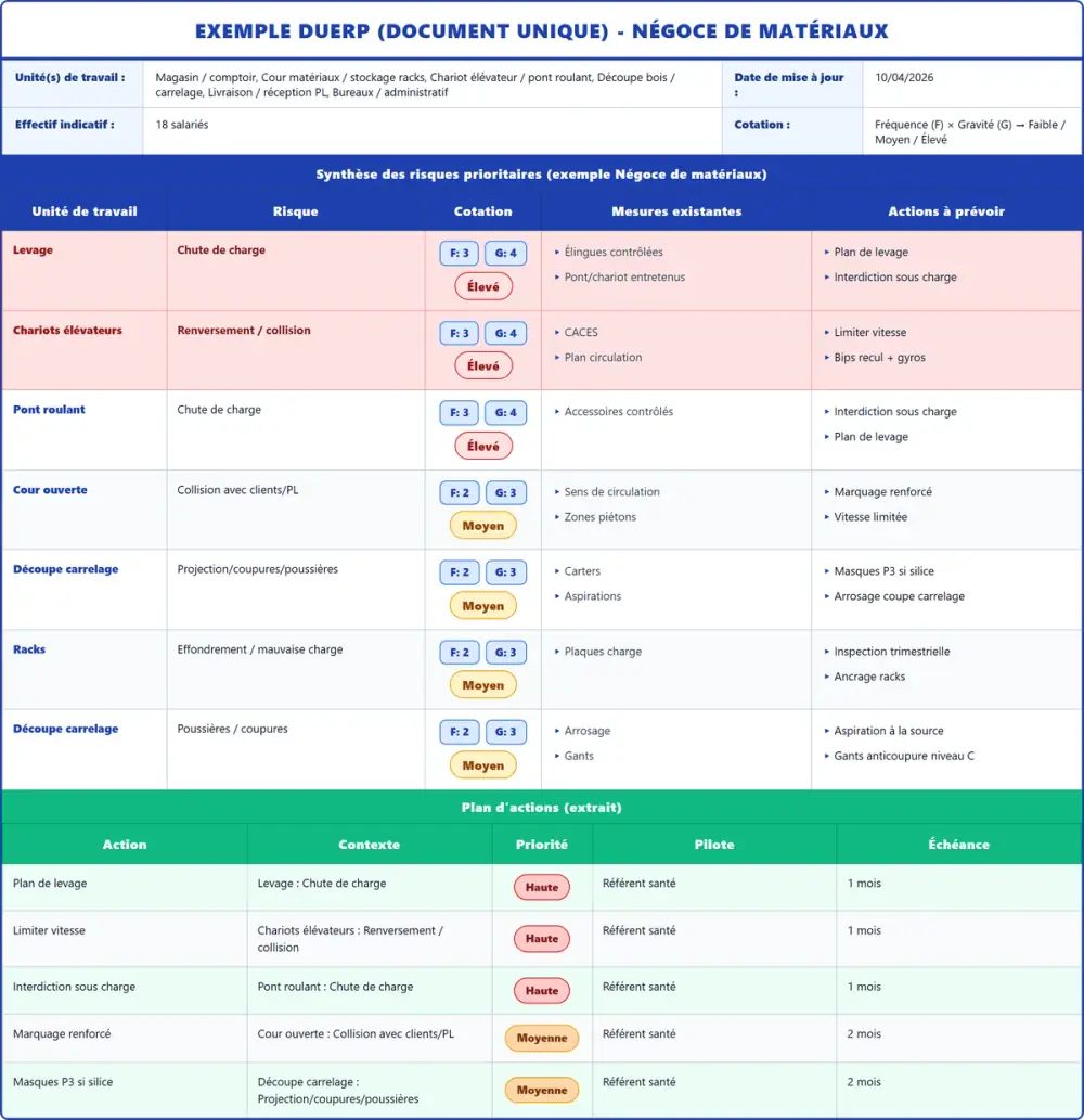 Exemple DUERP Négoce de matériaux 2026 rempli : tableau des risques, plan d'actions et pr&eacute;vention (mod&egrave;le PDF gratuit)