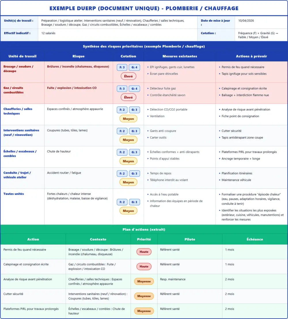 Exemple DUERP Plomberie / chauffage 2026 rempli : tableau des risques, plan d'actions et pr&eacute;vention (mod&egrave;le PDF gratuit)