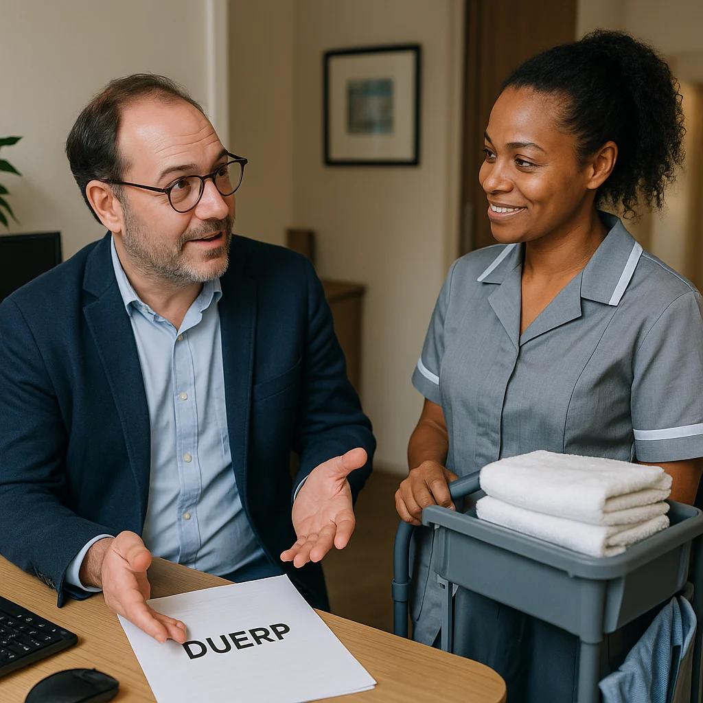 Hôtelier indépendant discutant avec un agent de ménage, document DUERP sur le bureau